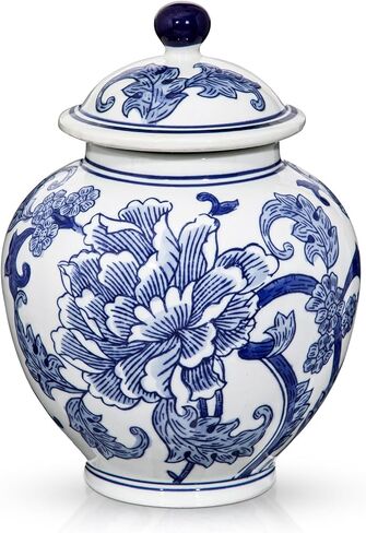 Blue and White Vase Ginger Jar - 8.7" Chinoiserie Decor Ginger Jar Blue & White Porcelain Flowers Ceramic Covered Jars with Lid Chinoiserie Decorative Vase for Home Room Office Tabletop Centerpieces in Saudi Arabia