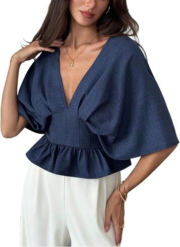 Floerns Women's Dolman Sleeve Peplum V Neck Pleated Ruffle Dressy Casual Blouse Tops in Saudi Arabia