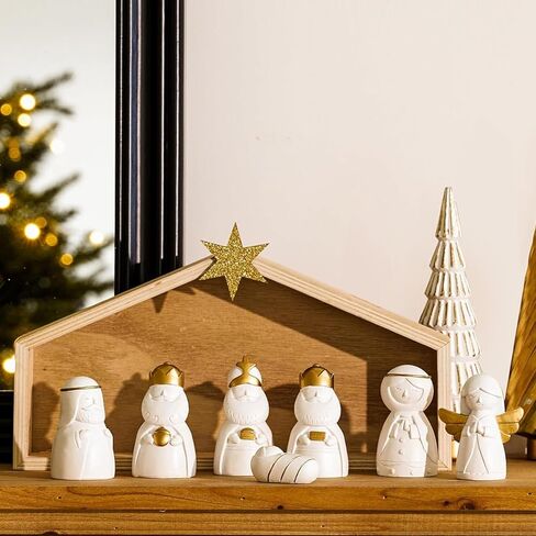 WDS WONDROUS Christmas Nativity Set-8Pcs White and Gold Mini Nativity Figures Modern Holy Family Scene, Resin and Wood Religious Collection for Kids, Xmas Table Mantle Shelf Holiday Decor in Saudi Arabia