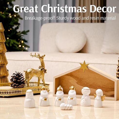 WDS WONDROUS Christmas Nativity Set-8Pcs White and Gold Mini Nativity Figures Modern Holy Family Scene, Resin and Wood Religious Collection for Kids, Xmas Table Mantle Shelf Holiday Decor in Saudi Arabia