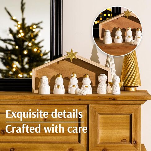 WDS WONDROUS Christmas Nativity Set-8Pcs White and Gold Mini Nativity Figures Modern Holy Family Scene, Resin and Wood Religious Collection for Kids, Xmas Table Mantle Shelf Holiday Decor in Saudi Arabia