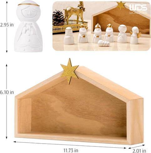 WDS WONDROUS Christmas Nativity Set-8Pcs White and Gold Mini Nativity Figures Modern Holy Family Scene, Resin and Wood Religious Collection for Kids, Xmas Table Mantle Shelf Holiday Decor in Saudi Arabia