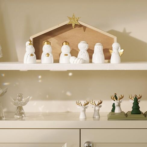 WDS WONDROUS Christmas Nativity Set-8Pcs White and Gold Mini Nativity Figures Modern Holy Family Scene, Resin and Wood Religious Collection for Kids, Xmas Table Mantle Shelf Holiday Decor in Saudi Arabia