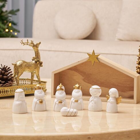 WDS WONDROUS Christmas Nativity Set-8Pcs White and Gold Mini Nativity Figures Modern Holy Family Scene, Resin and Wood Religious Collection for Kids, Xmas Table Mantle Shelf Holiday Decor in Saudi Arabia