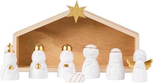 WDS WONDROUS Christmas Nativity Set-8Pcs White and Gold Mini Nativity Figures Modern Holy Family Scene, Resin and Wood Religious Collection for Kids, Xmas Table Mantle Shelf Holiday Decor in Saudi Arabia