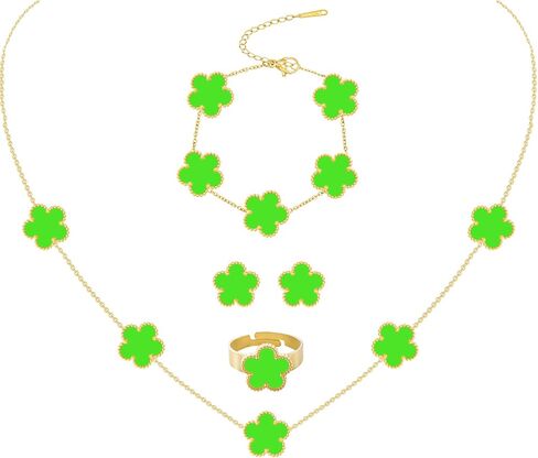 مجموعة مجوهرات من الفولاذ المقاوم للصدأ مطلية بالذهب من JIEMUCHU مكونة من أربع أوراق البرسيم وقلادة وأقراط وخاتم للنساء in Kuwait