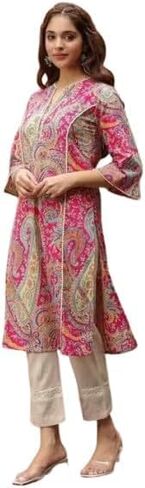 Women's Ethnic Pink Paisley Printed Straight Kurti with 3/4 Sleeves – Stylish Daily & Festive Wear pink carry in Saudi Arabia