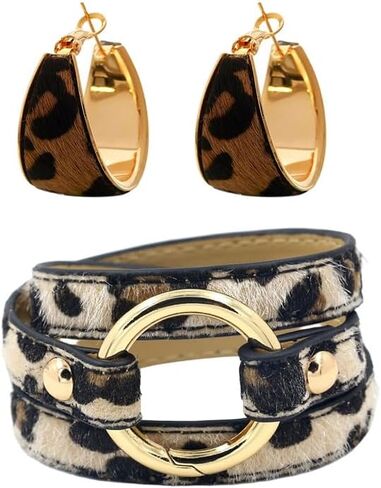 Leopard Earrings Bracelets Jewelry Sets for Women Boho Vintage Leopard Round Hoop Earrings Leather Wrap Bracelet Cheetah Jewelry in Saudi Arabia