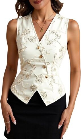 winkbay Women's Floral Embroidery Blouse Elegant Button Up Wrap V Neck Suit Vest in Saudi Arabia