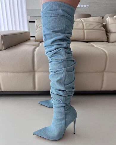 حذاء Tracieshoes النسائي من قماش الدنيم المترهل فوق الركبة مع كعب ستيليتو 4.3 بوصة - حذاء مثير بمقدمة مدببة وفخذ عالي الموضة للتاريخ وملابس السهرة in Kuwait