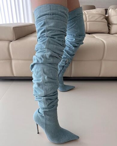 حذاء Tracieshoes النسائي من قماش الدنيم المترهل فوق الركبة مع كعب ستيليتو 4.3 بوصة - حذاء مثير بمقدمة مدببة وفخذ عالي الموضة للتاريخ وملابس السهرة in Kuwait