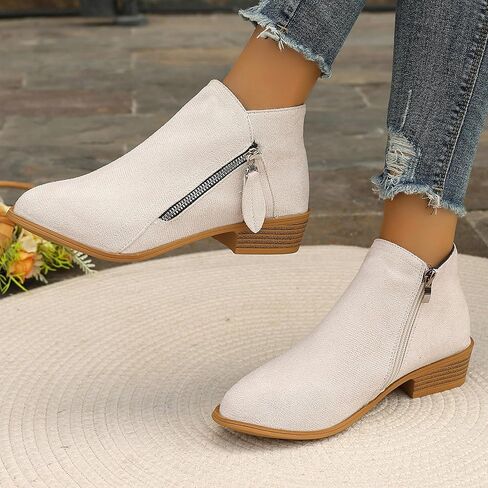 GHIBHNA Women'S Suede Chunky Heel Walking Ankle Boots With Side Zipper Retro Pointed Toe Low Block Heel Comfortable Work Boots Stylish Everyday Non-Slip Boot in Saudi Arabia