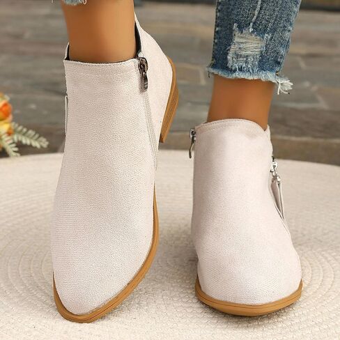 GHIBHNA Women'S Suede Chunky Heel Walking Ankle Boots With Side Zipper Retro Pointed Toe Low Block Heel Comfortable Work Boots Stylish Everyday Non-Slip Boot in Saudi Arabia