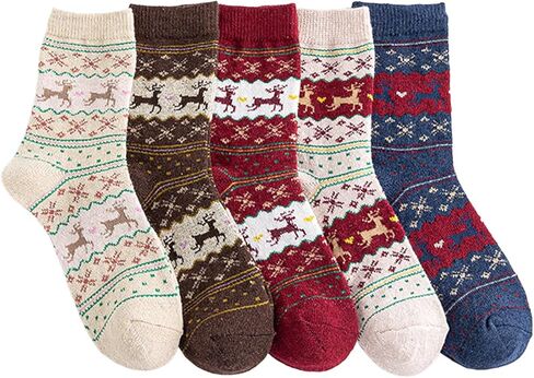 Christmas Holiday Socks, 5 Pairs Unisex Thick Winter Socks with Reindeer and Snowflake Design, Sweat-Absorbing, Anti-Friction in Saudi Arabia