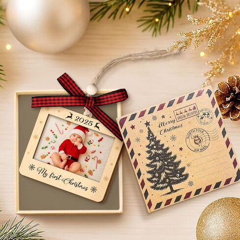 Couple Fox Baby's First Christmas Ornament 2025 - Wooden Landscape Picture Frame Ornaments For Xmas Tree - My First Christmas Ornament Boys, Girls - Baby's First Xmas Gifts in Saudi Arabia