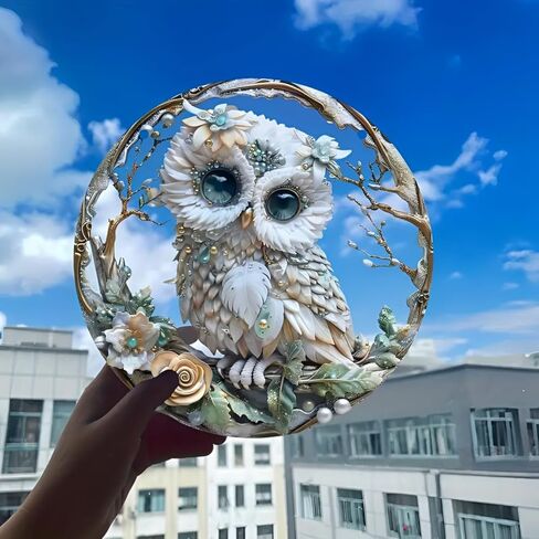 صائد الشمس الأكريليك الملون، ديكور نافذة معلق على شكل بومة مقاس 7 بوصة مع تصميم نمط الزجاج الملون المطبوع لاقط الشمس، فكرة هدية وزخرفة حديقة للاستخدام الداخلي والخارجي in Saudi Arabia