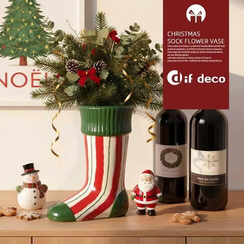 مزهرية جورب عيد الميلاد المصنوعة من السيراميك من DIF DECO، ارتفاع 8 بوصة، ديكور فريد للمهرجانات في الأماكن المغلقة لحفلات العطلات، مزهرية عيد الميلاد، ديكور مركزي للمنزل/العطلات/حفلات الزفاف/زهرة طاولة الحفلات (خطوط) in Kuwait