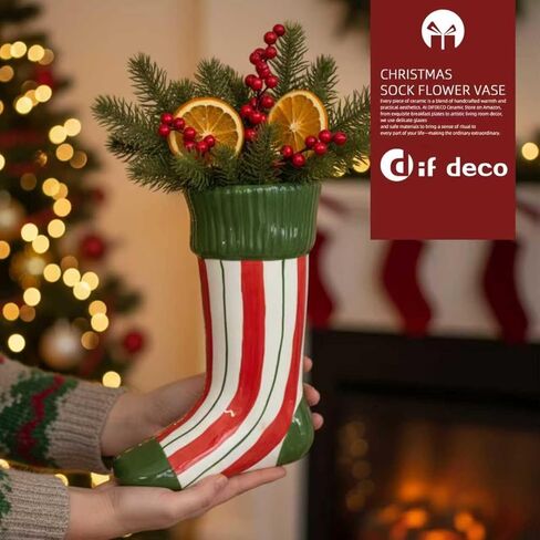 مزهرية جورب عيد الميلاد المصنوعة من السيراميك من DIF DECO، ارتفاع 8 بوصة، ديكور فريد للمهرجانات في الأماكن المغلقة لحفلات العطلات، مزهرية عيد الميلاد، ديكور مركزي للمنزل/العطلات/حفلات الزفاف/زهرة طاولة الحفلات (خطوط) in Kuwait