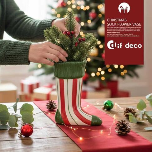 مزهرية جورب عيد الميلاد المصنوعة من السيراميك من DIF DECO، ارتفاع 8 بوصة، ديكور فريد للمهرجانات في الأماكن المغلقة لحفلات العطلات، مزهرية عيد الميلاد، ديكور مركزي للمنزل/العطلات/حفلات الزفاف/زهرة طاولة الحفلات (خطوط) in Kuwait