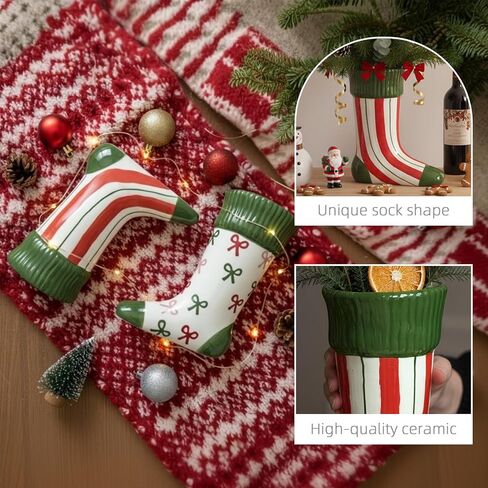 مزهرية جورب عيد الميلاد المصنوعة من السيراميك من DIF DECO، ارتفاع 8 بوصة، ديكور فريد للمهرجانات في الأماكن المغلقة لحفلات العطلات، مزهرية عيد الميلاد، ديكور مركزي للمنزل/العطلات/حفلات الزفاف/زهرة طاولة الحفلات (خطوط) in Kuwait