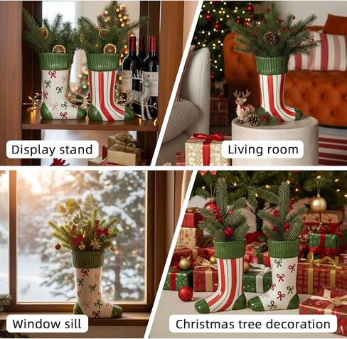 مزهرية جورب عيد الميلاد المصنوعة من السيراميك من DIF DECO، ارتفاع 8 بوصة، ديكور فريد للمهرجانات في الأماكن المغلقة لحفلات العطلات، مزهرية عيد الميلاد، ديكور مركزي للمنزل/العطلات/حفلات الزفاف/زهرة طاولة الحفلات (خطوط) in Kuwait