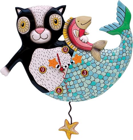 Enesco Allen Designs حورية البحر كات ميركات تحمل ساعة حائط بندول منحوتة على شكل سمكة، 12.5 بوصة، متعددة الألوان in Kuwait