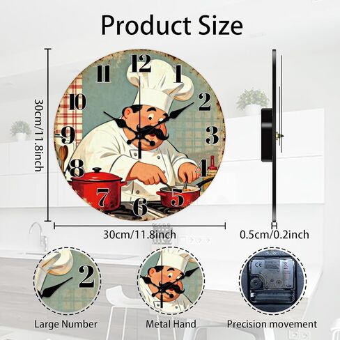 CHGCRAFT Funny Chef Wall Clock 12 Inch Cartoon Style Clock Kitchen Wood Board Round Decorative Clocks for Bedroom Living Room Kitchen Office in Saudi Arabia