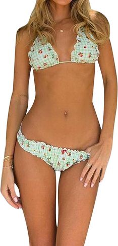 Women Sexy 2 Piece Bikini Sets Fashion Lace Trim Bow Bikini Top and Triangle Bottom Bathing Suit Summer Swimwear in Saudi Arabia