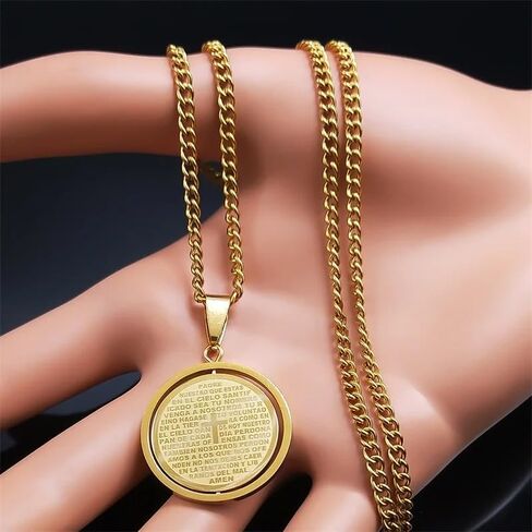 925 Sterling Silver Unisex Cross Spanish Gold Serenity Prayer Necklace, 14k Yellow Gold Circle Pendant Lords Prayer Necklace - Punk Bible Necklace, Cross Necklace With Bible Verse in Saudi Arabia