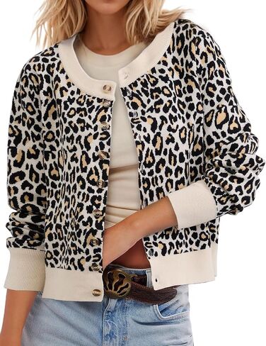 Leopard Cardigan Open Front Button Up Sweaters for Women Long Sleeve Shrug Cheetah Print Top Cropped Cardigan Jackets in Kuwait