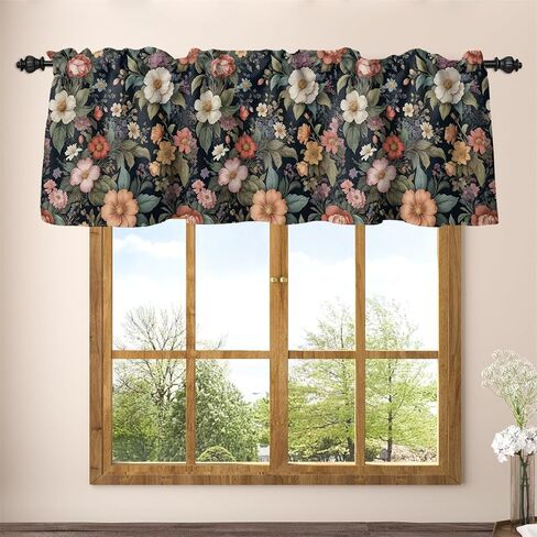 Renaiss 42 x 18 Inch Spring Flower Curtain Valance Vintage Floral Valance Curtain Textured Linen Rod Pocket Short Window Treatment for Summer Fall Holiday Home Kitchen Window Boho Decor in Saudi Arabia
