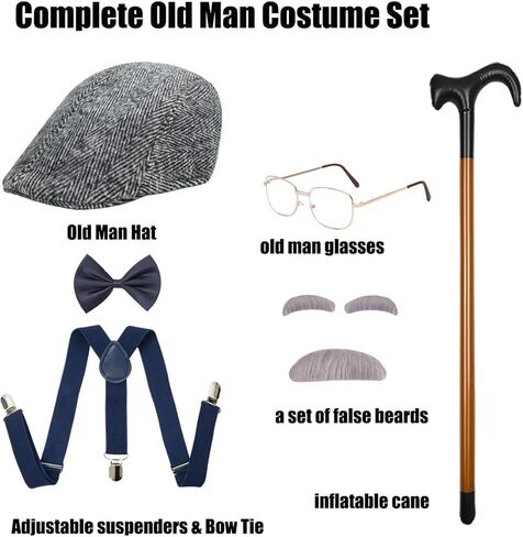Old Man Costume Grandpa Accessories Set with Old Man Glasses Suspenders Bow Tie Cane Hat in Saudi Arabia