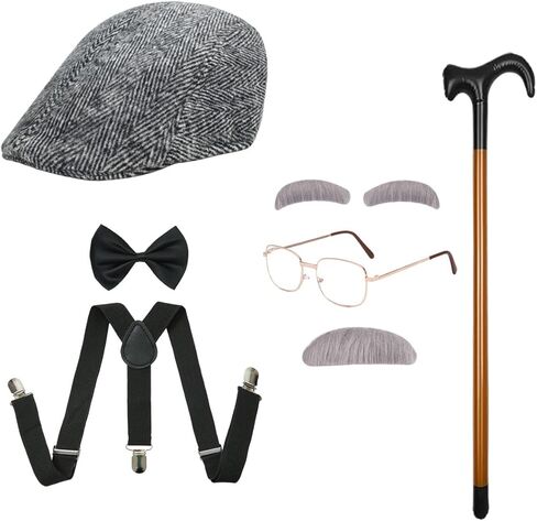 Old Man Costume Grandpa Accessories Set with Old Man Glasses Suspenders Bow Tie Cane Hat in Saudi Arabia