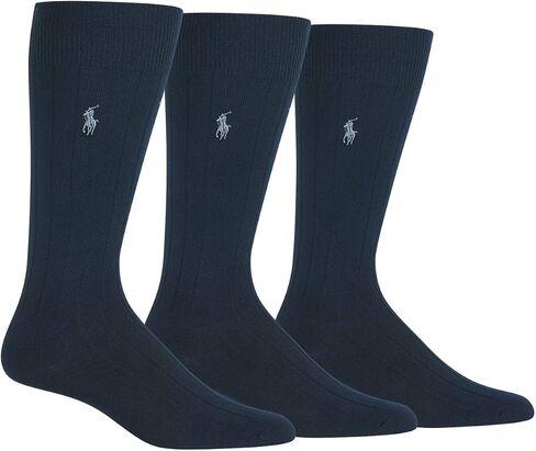 POLO RALPH LAUREN Men's Ribbed Dress Business Casual Trouser Suit Crew 3-Pair Socks | Dark Navy Blue, Light Pony | Stretch Polyester/Spandex | Sock 10-13, Shoe 6-12.5 | 8400037KN in Saudi Arabia