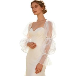 NICENEEDED 2 PCS Detachable Puffy Plain Tulle Sleeve, Removale White Long Bridal Wedding Dresses Fingerless Ruffled Sleeves, Full Cover Up Accessory for Costume Women in Saudi Arabia