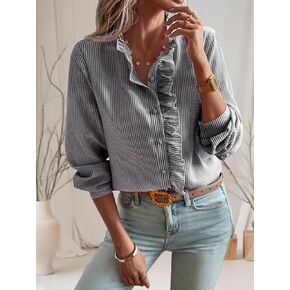 Womens Button Down Stripe Shirts Ruffle Neck Long Sleeve Blouse Elegant Work Office Shirt Tops in Kuwait