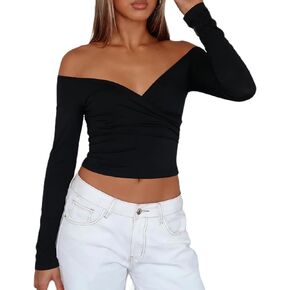 Women's Wrap V Neck Long Sleeve Crop Top Stretchy Casual Spring Yoga Blouse Workout T Shirt Coquette Going Out Top in Kuwait