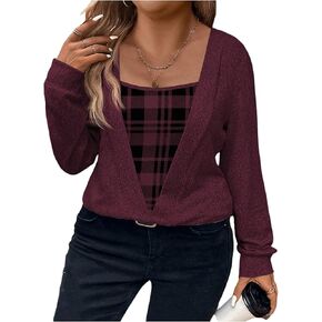 Floerns Women's Plus Size Plaid Blouse Wrap Square Neck Long Sleeve Business Casual Tops in Saudi Arabia