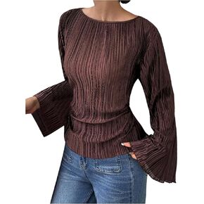 SOLY HUX Women's Long Bell Sleeve Top Textured Tie Back Elegant Blouse Work Office Shirts in Kuwait