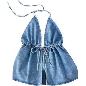 OYOANGLE Women's Sleeveless Tie Front Halter Denim Top Y2K Backless Going Out Jean Tank Tops in Saudi Arabia