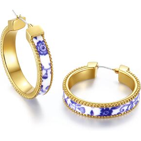 Zephyrienne Chunky Blue and White Porcelain Hoop Earrings for Women – Hand-Painted Statement Earrings with 18K Gold, Artistic Vintage Jewelry, Luxury Gift (Cerulean) in Saudi Arabia