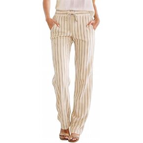Rjognt Striped Linen Pants for Women 2026 Summer Plus Size Elastic Waist Straight Leg Cropped Trouser Casual Beach Pants in Saudi Arabia