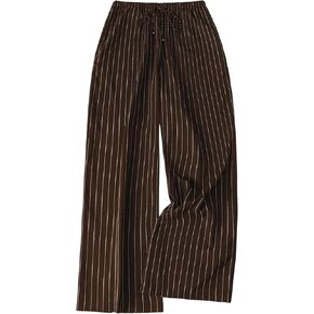 سروال نسائي من GORGLITTER بمقاس كبير وبنطلون سفلي مخطط بأرجل واسعة وخصر مطاطي مستقيم كاجوال من الكتان in Kuwait