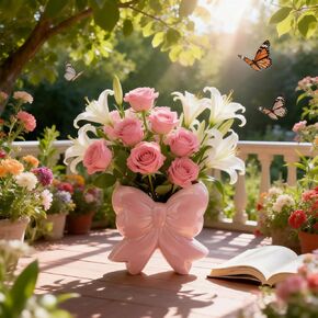 مزهرية سيراميك على شكل فيونكة وردية - مزهرية على شكل فيونكة للزهور، حامل فرشاة المكياج، منظم القلم وفرشاة الأسنان، منزل من السيراميك الوردي، مكتب، هدية ديكور مكتب الحمام in Kuwait