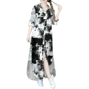 Women's Button Down Shirt Dress Long Sleeve Office Wear High Waisted V Neck Long Dress Spring Maxi Dresses in Kuwait