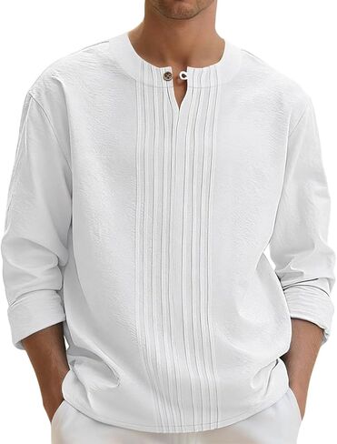 Men's Linen Shirts Casual Long Sleeve Pleated Front T-Shirt Button Henley Collared Loose Lightweight Pullover Top in Saudi Arabia