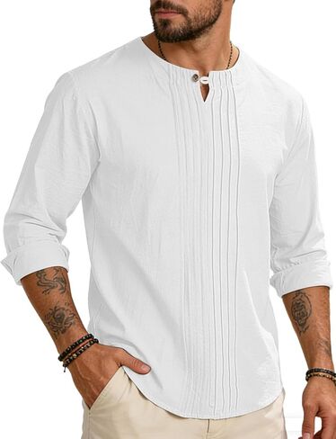 Men's Linen Shirts Casual Long Sleeve Pleated Front T-Shirt Button Henley Collared Loose Lightweight Pullover Top in Saudi Arabia