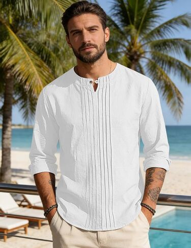 Men's Linen Shirts Casual Long Sleeve Pleated Front T-Shirt Button Henley Collared Loose Lightweight Pullover Top in Saudi Arabia