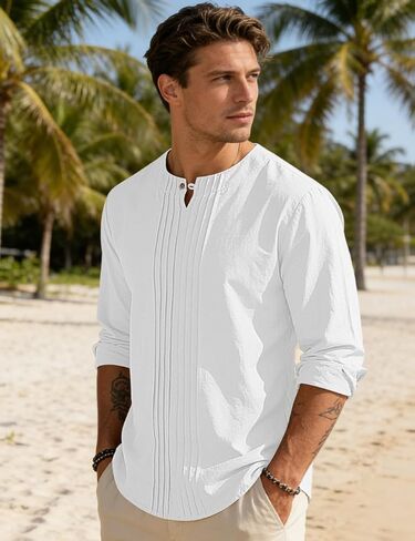 Men's Linen Shirts Casual Long Sleeve Pleated Front T-Shirt Button Henley Collared Loose Lightweight Pullover Top in Saudi Arabia