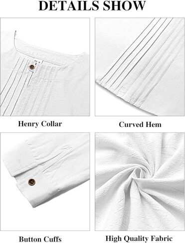 Men's Linen Shirts Casual Long Sleeve Pleated Front T-Shirt Button Henley Collared Loose Lightweight Pullover Top in Saudi Arabia